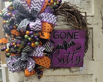 Halloween wreath for front door, vampire bat for door, cute gone batty wreath, trick or treat wreath