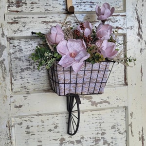 Magnolia door hanger, mother&#39;s day, bicycle basket full of flowers, floral romantic door decor, spring floral basket for wall, bike wreath