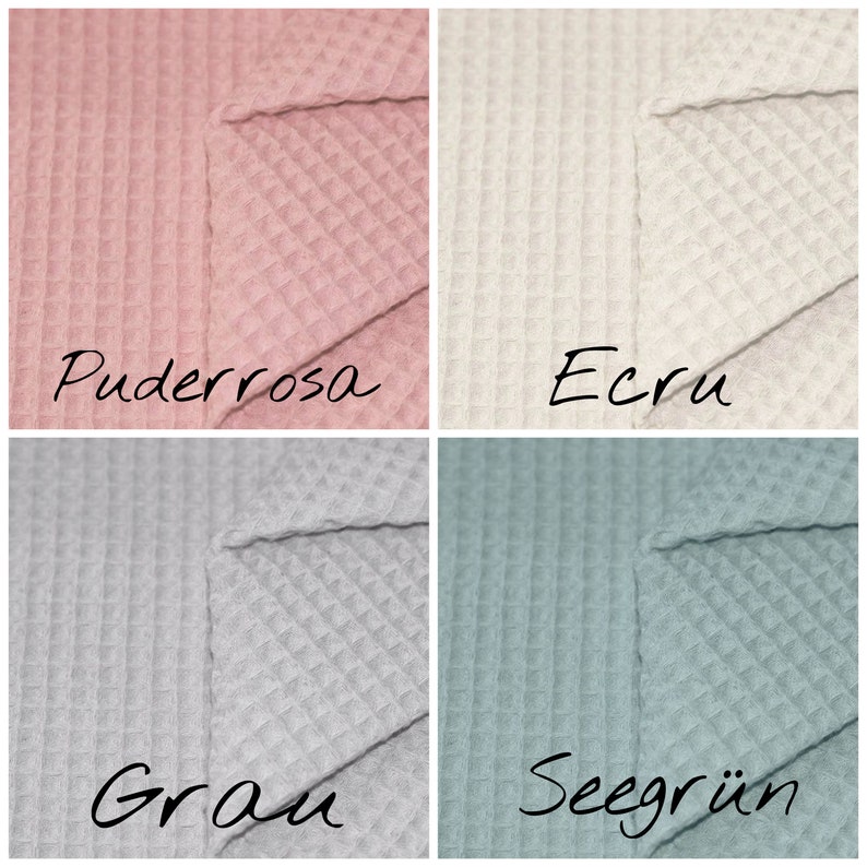 May include: Four fabric swatches in different colors: dusty rose, ecru, gray, and seafoam green. Each swatch has a waffle texture.