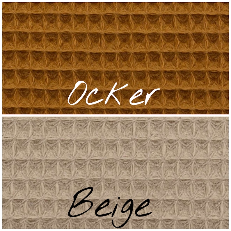 May include: Two swatches of waffle weave fabric. The top swatch is a deep orange color labeled "Ocker". The bottom swatch is a light beige color labeled "Beige".