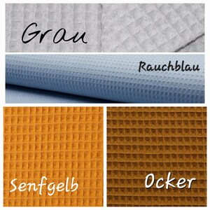 May include: Four fabric swatches in different colors and textures. The swatches are labeled "Gray", "Rauchblau", "Senfgelb", and "Ocker".