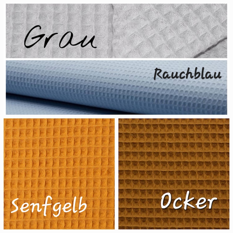 May include: Four fabric swatches in different colors and textures. The swatches are labeled "Gray", "Rauchblau", "Senfgelb", and "Ocker".