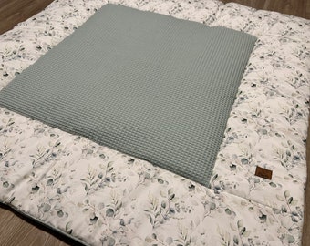 Crawling blanket/play blanket personalized eucalyptus branches, handmade baby blanket, BÄRLI baby blanket gift for birth