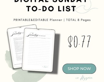 Planner Minimalist Digital Printable Fillable PDF | Sunday Tasks Start 2 Pages Checklist Template