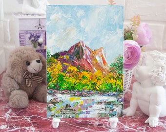 Zion National Park Oil Painting: Utah Mountain Impasto Art (8x5.5)