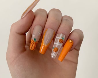 Handmade Orange Pumpkin press-on nails, Fall Glue on nails, French tip press-ons, Autumn press-on nails, False Orange Nails , Gifts for her