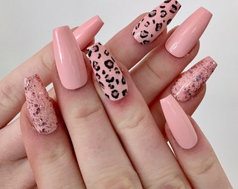 Pink Cheetah Press on Nails, Pink animal Glue on Nails, Reusable glue on nails, Gifts for her, Handmade Gel nails, short nails, long nails