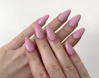 Pink plain press-on nails, Gel false long nails, acrylic nails, Handmade faux nails, Nails, Almond Bridal nails