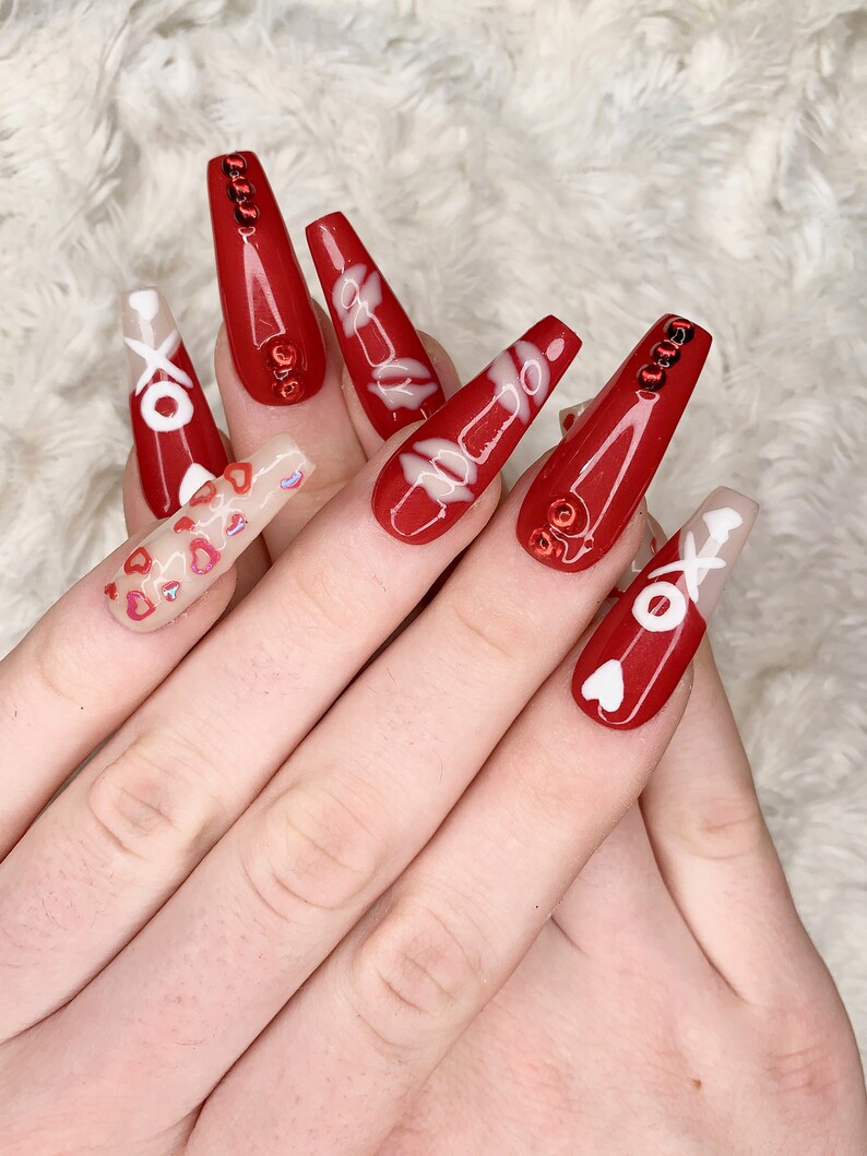 Red and White Press on Valentines Day Nails, Vday Gel False Nails, 3D