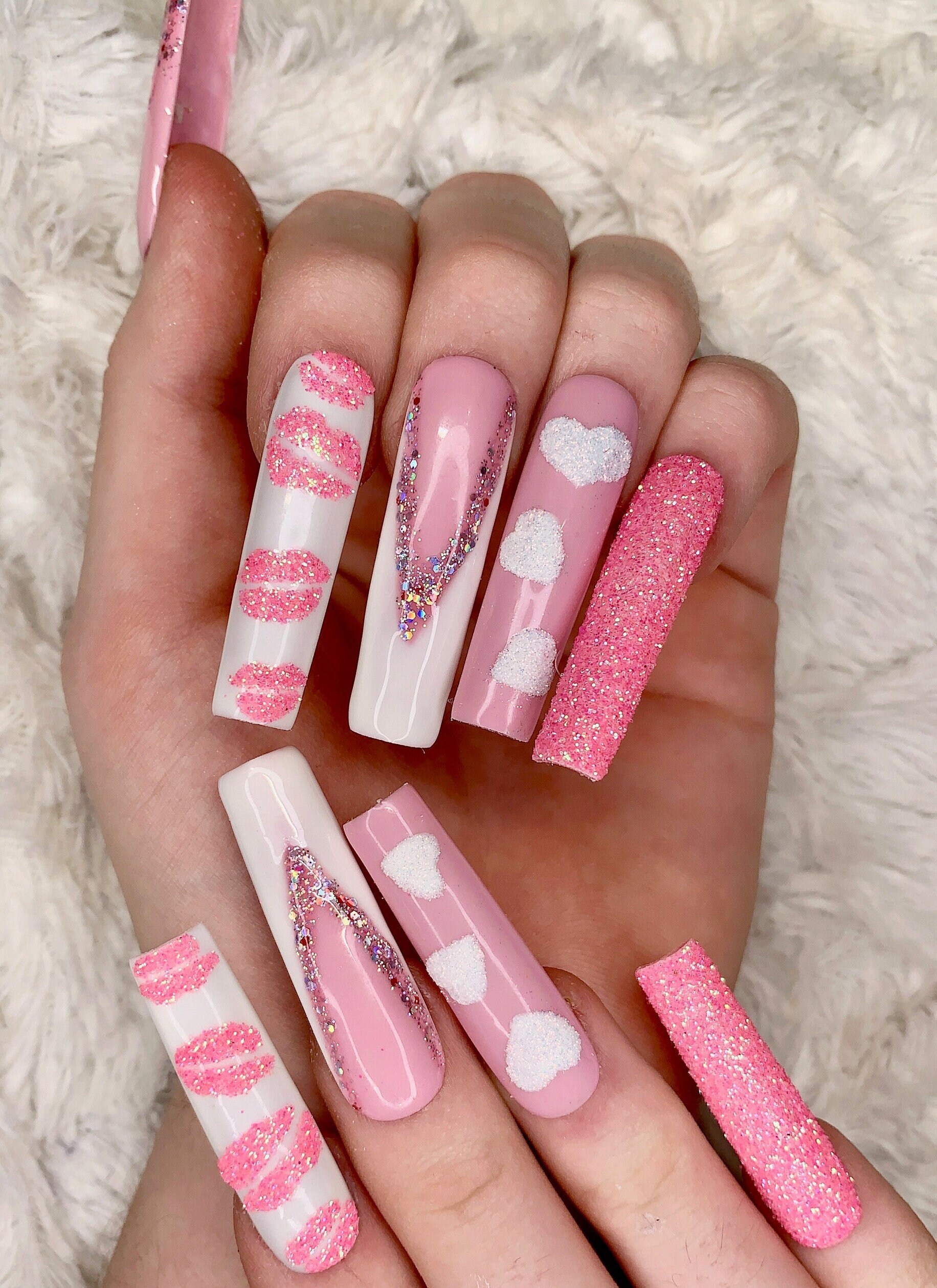 Pink Valentines Day Gel Nails, White Love Heart Fake Nails, Pink