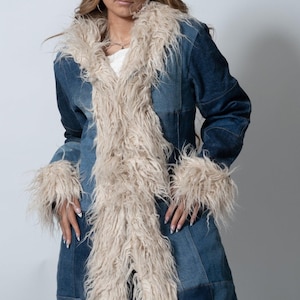 Upcycled Denim Patchwork Fur Penny Lane Coat