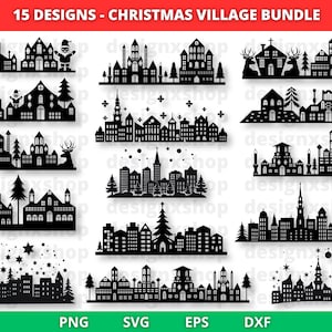 Bundle SVG Villages de Noël, Noël maisons SVG coupe fichiers pour Cricut, traceur de maison de village de vacances d'hiver, village de papier scène de Noël de Noël