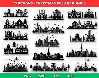 Christmas Villages SVG Bundle, Christmas Houses SVG Cut Files for Cricut, Winter Holiday Village House Plotter, Xmas Scene Paper Village