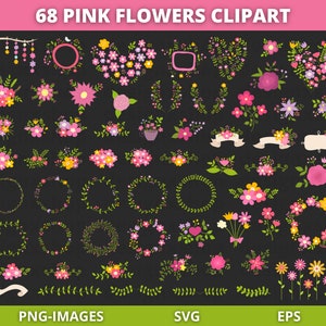 Pink Floral Clipart Set: Flowers, Wreaths, Banners (SVG, PNG, EPS)
