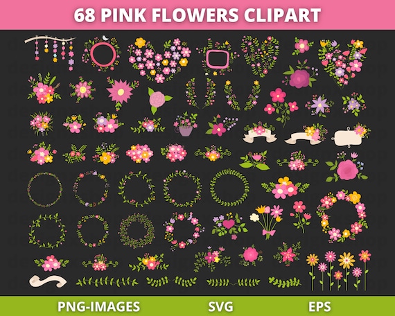 Pink flower clipart, Pink floral SVG and PNG, Floral clipart, wreath clipart, wedding clipart, spring flower clipart, Instant Download