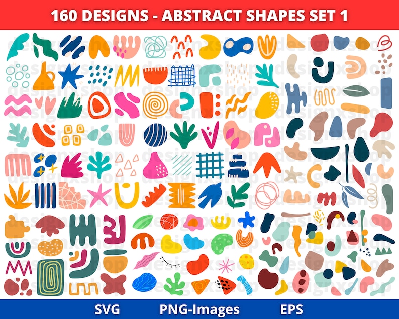 May include: A set of 160 abstract shapes in various colors and styles. The shapes are arranged in a grid pattern on a white background. The text "160 DESIGNS - ABSTRACT SHAPES SET 1" is at the top of the image. The text "SVG", "PNG-Images", and "EPS" are at the bottom of the image.