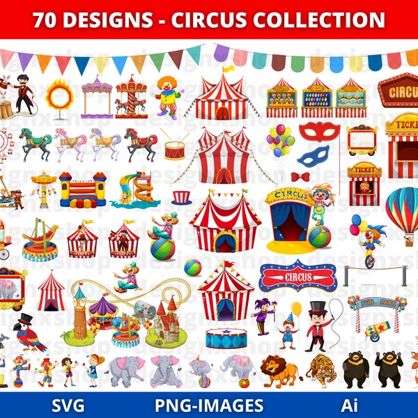 Clipart cirque, cirque imprimable, cirque PNG et SVG, clipart carnaval, animaux, jokers, clipart chapiteau de cirque, ensemble de cirque, téléchargement immédiat