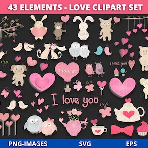 Clipart Saint-Valentin, clipart amour, tourtereaux, ours en peluche, coeurs, cupcakes, clipart animaux, lot Saint-Valentin, fichiers SVG et PNG