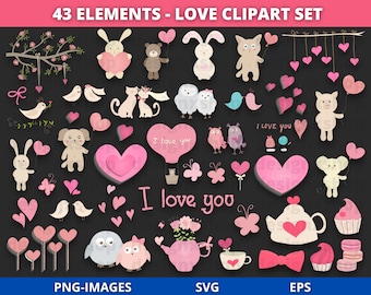 Valentine's Day Clipart Bundle: Love Birds, Hearts, Teddy Bear (SVG, PNG)