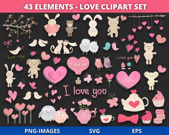 Valentine's Day Clipart, Love clipart, love birds, Teddy bear, Hearts, Cupcakes, Animals Clipart, Valentine's Day Bundle, SVG and PNG Files