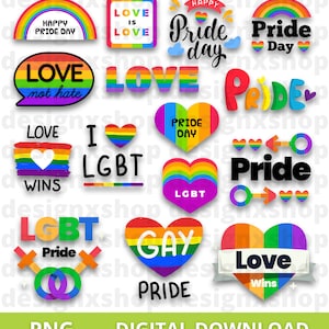 May include: A collection of digital stickers featuring rainbow-colored designs, hearts, and text including Happy Pride Day, Love Is Love, Love Not Hate, Love Wins, Pride, LGBT, and Gay Pride. The graphics use vibrant colors and various fonts.