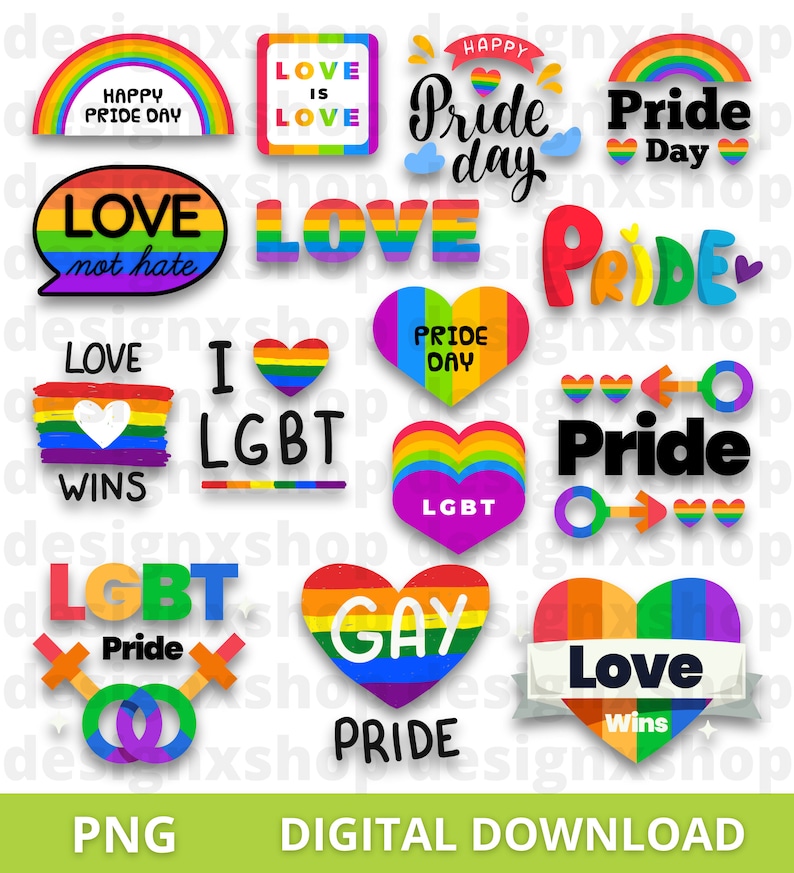 May include: A collection of digital stickers featuring rainbow-colored designs, hearts, and text including Happy Pride Day, Love Is Love, Love Not Hate, Love Wins, Pride, LGBT, and Gay Pride. The graphics use vibrant colors and various fonts.