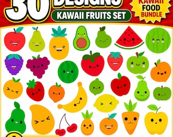 Kawaii Fruit clipart, Fruits clipart, Cute cartoon fruits bundle, Cute Fruit Clipart, Food Clipart, Summer, happy food clipart, SVG and PNG