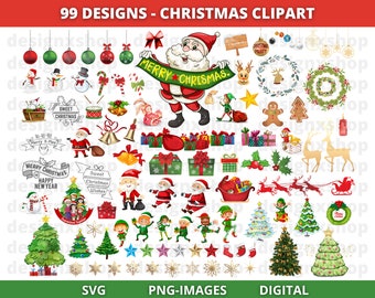 May include: A collection of 99 Christmas clip art designs in SVG and PNG format. The designs include Santa Claus, elves, reindeer, Christmas trees, wreaths, ornaments, and other festive elements. The text "99 DESIGNS - CHRISTMAS CLIPART" is at the top of the image.