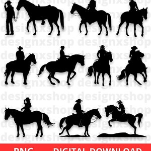 Op de afbeelding: Een set van tien zwarte silhouetbeelden van mensen die paardrijden. De ruiters zijn in verschillende poses, sommigen zitten rechtop, anderen leunen naar voren en sommigen houden de teugels vast. De paarden zijn ook in verschillende poses, sommigen lopen, sommigen draven en sommigen steigeren.