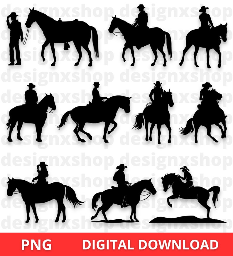 Op de afbeelding: Een set van tien zwarte silhouetbeelden van mensen die paardrijden. De ruiters zijn in verschillende poses, sommigen zitten rechtop, anderen leunen naar voren en sommigen houden de teugels vast. De paarden zijn ook in verschillende poses, sommigen lopen, sommigen draven en sommigen steigeren.