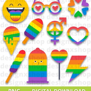 May include: A collection of rainbow-colored digital icons including a smiling emoji with a rainbow tongue, heart-shaped glasses, a flower, an ice cream cone, a popsicle, a gender symbol, a heart, a spiral treat, a character, and a lightning bolt.