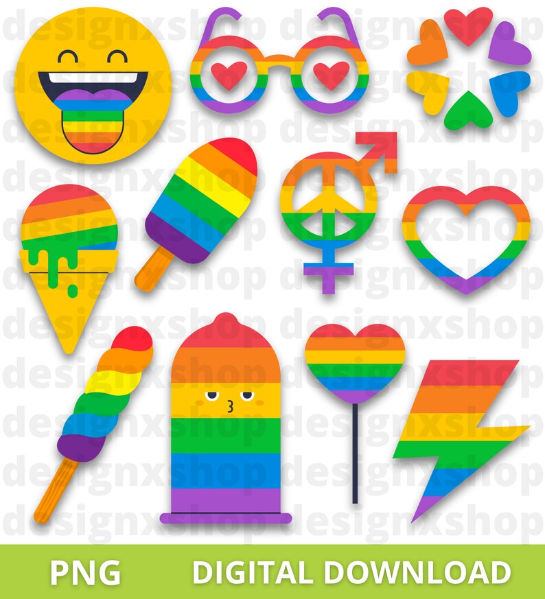 May include: A collection of rainbow-colored digital icons including a smiling emoji with a rainbow tongue, heart-shaped glasses, a flower, an ice cream cone, a popsicle, a gender symbol, a heart, a spiral treat, a character, and a lightning bolt.