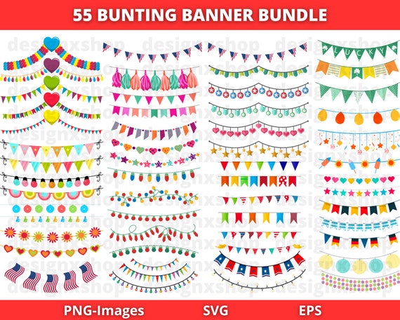 Bunting Banner Svg Bundle, Party Bunting Vector, Flag Svg, Bunting Banner Clipart, Birthday Party Garland, Garland clipart, Light Garland