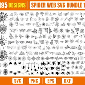 Peut inclure: Une collection numérique de 195 motifs noirs de toiles d'araignées et d'araignées sur fond blanc. L'ensemble comprend diverses formes de toiles, des toiles d'angle et des araignées suspendues, intitulée 195 DESIGNS SPIDER WEB SVG BUNDLE 1.