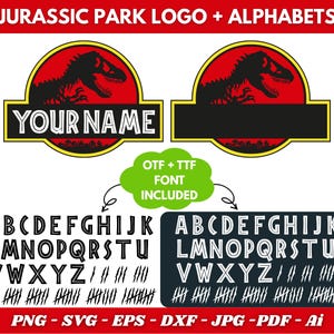 May include: A graphic featuring the Jurassic Park logo with a dinosaur silhouette in a red circle, a yellow border, and the text "YOUR NAME". Includes alphabets and file formats: PNG, SVG, EPS, DXF, JPG, PDF, and Ai.