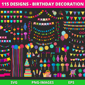 Geburtstag Clipart, Party Clipart, Girlande Clipart, Geburtstag Wimpelkette, Geburtstag Dekoration Elemente, Geburtstagskuchen, Geschenke, Kerzen, Luftballons
