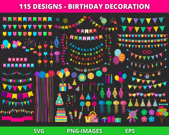 Birthday Clipart, Party clipart, Garland Clipart, Birthday Bunting, Birthday Decoration Elements, Birthday Cake, Gifts, Candles, Balloons