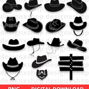 Op de afbeelding: Een set van 14 zwart-wit silhouet afbeeldingen van cowboyhoeden. De afbeeldingen zijn in verschillende stijlen, waaronder klassieke, breedgerande hoeden en met verschillende versieringen.