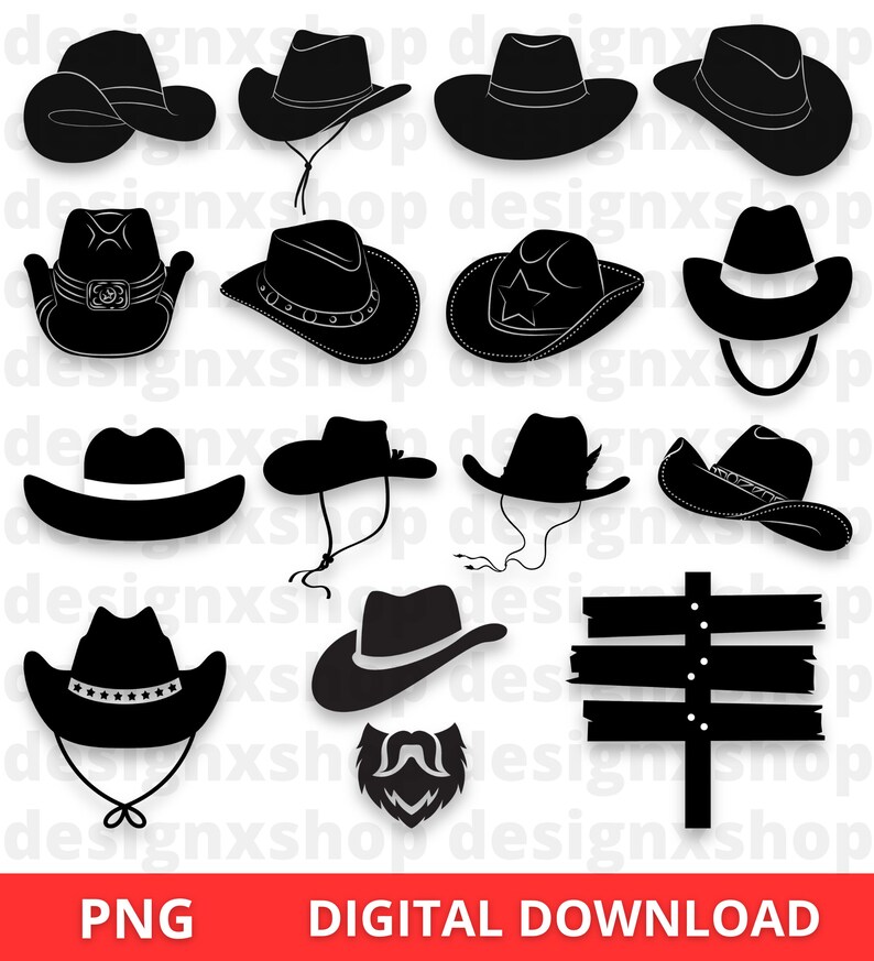 Op de afbeelding: Een set van 14 zwart-wit silhouet afbeeldingen van cowboyhoeden. De afbeeldingen zijn in verschillende stijlen, waaronder klassieke, breedgerande hoeden en met verschillende versieringen.