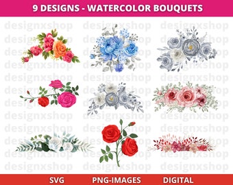 9x Floral bouquets clipart, Watercolor flower clipart, Bouquets, Wedding flower, Watercolor floral clipart, Download SVG and PNG