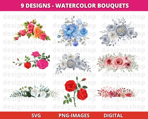 9x Floral bouquets clipart, Watercolor flower clipart, Bouquets, Wedding flower, Watercolor floral clipart, Download SVG and PNG