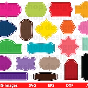 Puede incluir: Conjunto de 16 formas de marco de colores en varios estilos, incluyendo ovalado, rectángulo, cuadrado y hexágono. Los marcos están delineados en blanco y tienen un relleno de color sólido. Los colores incluyen rosa, verde, rojo, naranja, azul, marrón, amarillo, azul verdoso, morado, gris y negro.