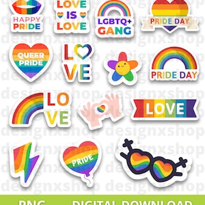 May include: A collection of fourteen colourful stickers featuring rainbow pride themes. Designs include hearts, rainbows, a flower, a lightning bolt, and text such as HAPPY PRIDE, LOVE IS LOVE, LGBTQ+ GANG, PRIDE DAY, QUEER PRIDE, and LOVE.