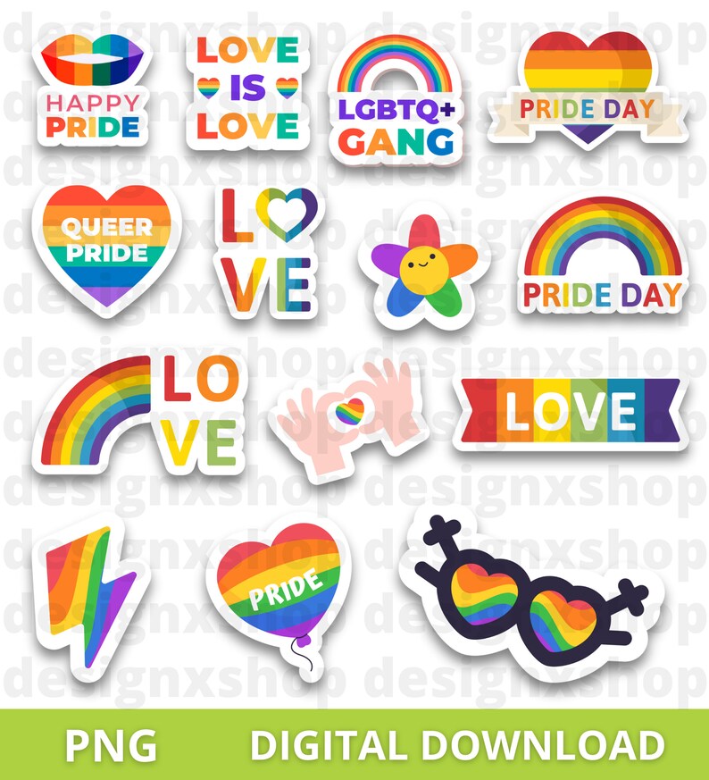 May include: A collection of fourteen colourful stickers featuring rainbow pride themes. Designs include hearts, rainbows, a flower, a lightning bolt, and text such as HAPPY PRIDE, LOVE IS LOVE, LGBTQ+ GANG, PRIDE DAY, QUEER PRIDE, and LOVE.