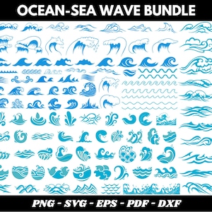 Könnte beinhalten: Eine Sammlung blauer Ozeanwellen-Illustrationen in verschiedenen Stilen. Das Bild enthält oben den Text "OCEAN-SEA WAVE BUNDLE" und unten Dateitypoptionen: PNG, SVG, EPS, PDF und DXF.