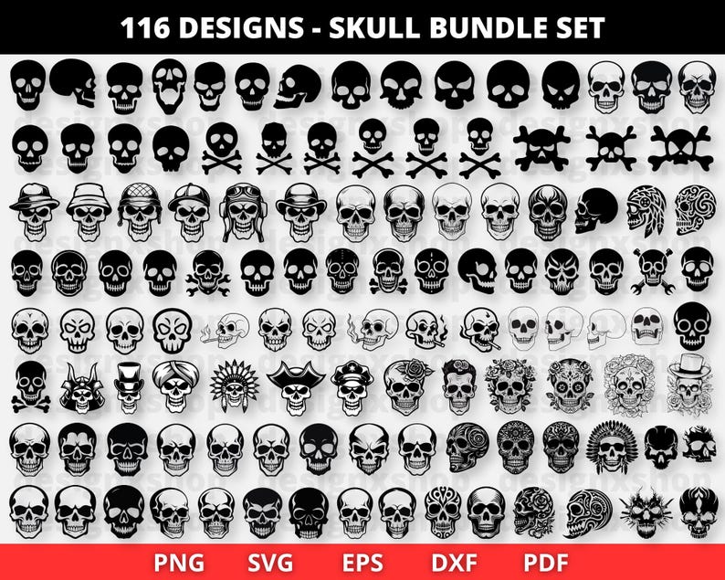 Puede incluir: Un conjunto de 116 dise&ntilde;os de calaveras en blanco y negro. Los dise&ntilde;os incluyen varias formas de calaveras, estilos y detalles, como huesos cruzados, flores y otros elementos decorativos. Los dise&ntilde;os son perfectos para manualidades, scrapbooking y otros proyectos creativos.