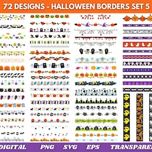 May include: A collection of 72 Halloween border designs in various styles. The borders feature pumpkins, bats, ghosts, and other spooky elements. The image includes the text "72 DESIGNS - HALLOWEEN BORDERS SET 5", and file type options: "DIGITAL", "PNG", "SVG", "EPS", and "TRANSPARENT".