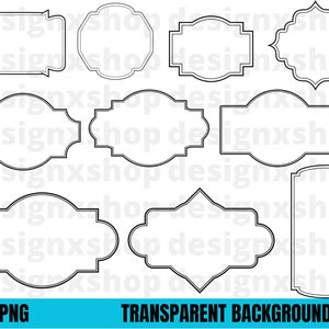 May include: Set of ten black and white frame outlines with different shapes and sizes. The frames are perfect for adding a decorative touch to your digital designs.
