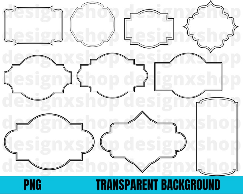 May include: Set of ten black and white frame outlines with different shapes and sizes. The frames are perfect for adding a decorative touch to your digital designs.
