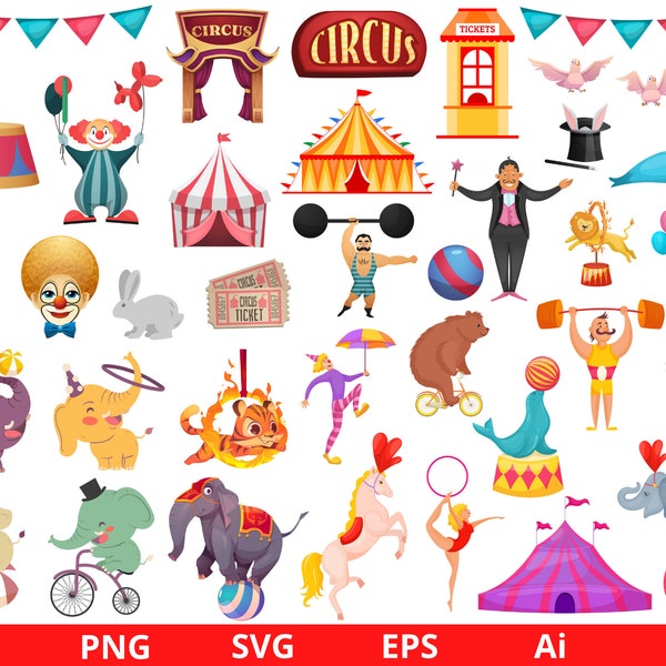 Circus clipart, Carnival clipart, Circus Tent Clipart, Animal clipart, Circus set, Circus characters, Jokers, Instant Download SVG and PNG